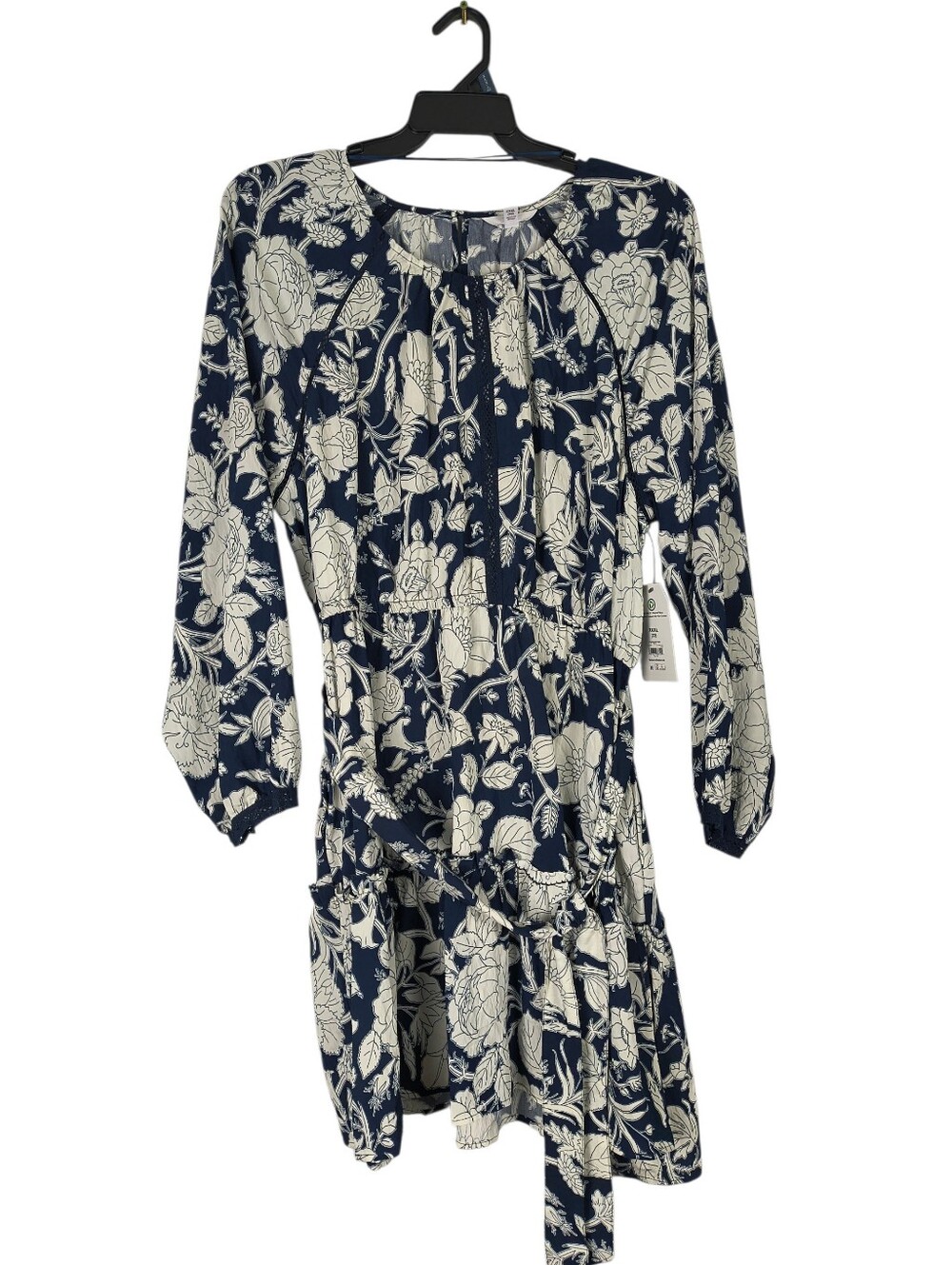 Time & Tru Mini Dress Women's XXXL 22 Blue White Printed Long Sleeve Tie Waist